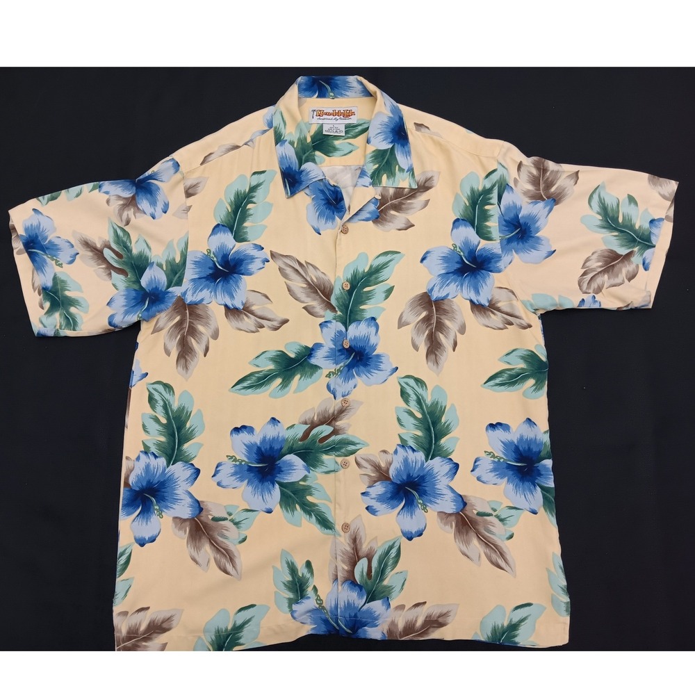 Honolulu Lulu 100% Silk Hawaiian Aloha Shirt Blue Hibiscus Floral Men's Large